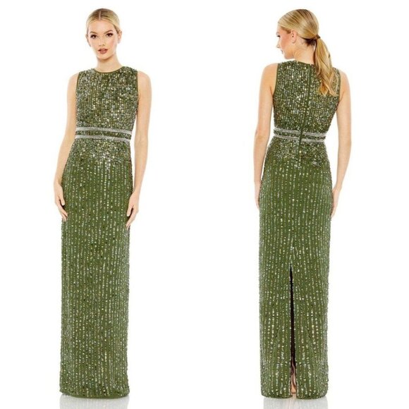 NWT Mac Duggal Sequined High Neck Sleeveless Column Gown Olive Green sz 12 93603 - Picture 1 of 10